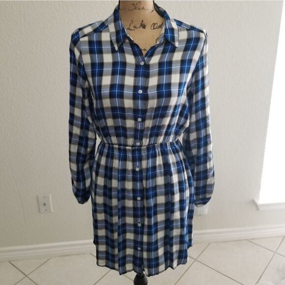 EXPRESS‎ size SP blue white and black plaid elastic waistband long sleeve - Picture 1 of 6